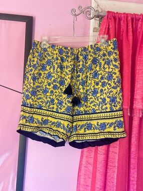 J. Jill Indo-Western Shorts Blue/Yellow Floral Colorful Loose-Fit Women’s Small
